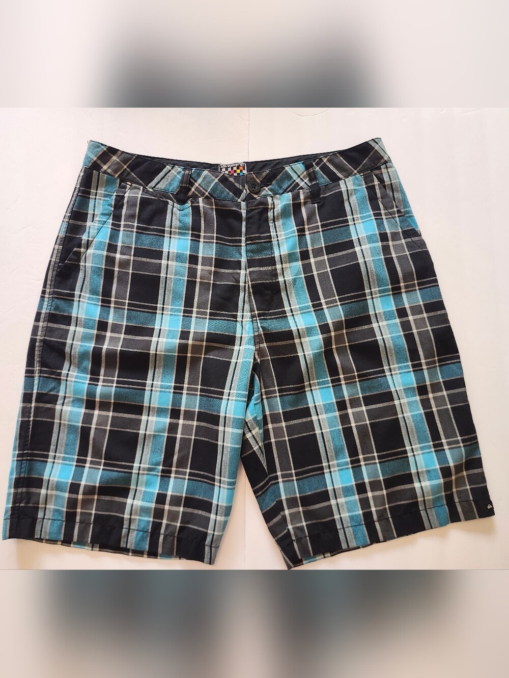 Quicksilver Black Teal White Plaid Flat Front Pocket Casual Golf Shorts S 34W